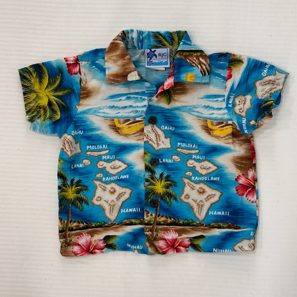 RJC Kids Hawaii Map Print Aloha Shirt Button Up Short Sleeve Made in USA Size 1T
